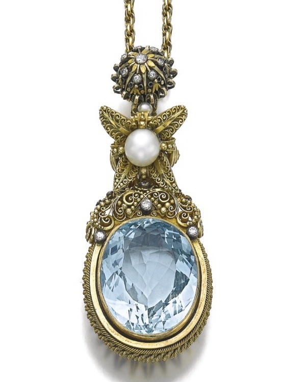 Aquamarine, pearl and diamond pendant necklace, Elmar Seidler, circa 1930 1939.