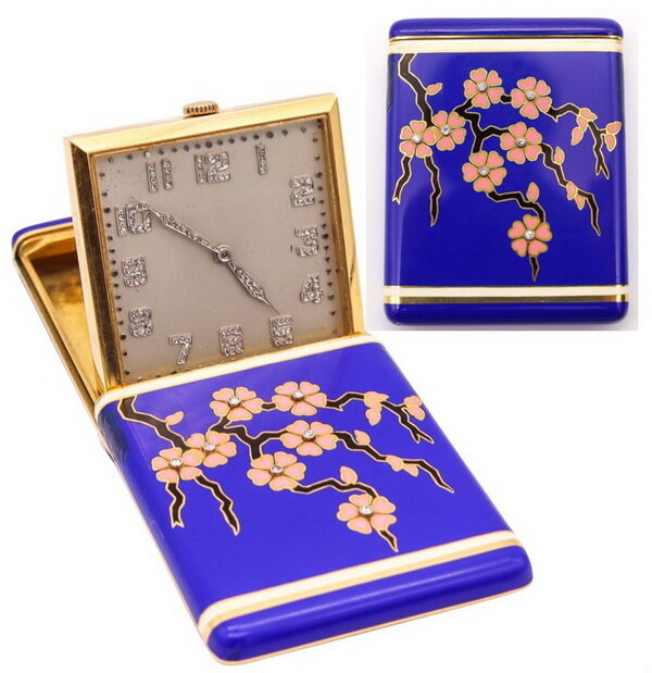 Art Deco style travel watch, gold, platinum, diamonds, enamel, circa 1925, Whiteside & Blank.