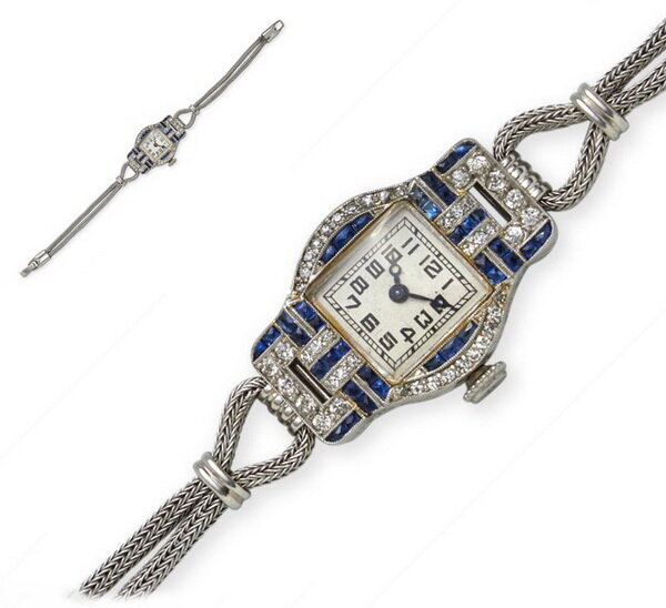 Art Deco wristwatch in platinum with sapphires and diamonds, Whiteside & Blank.