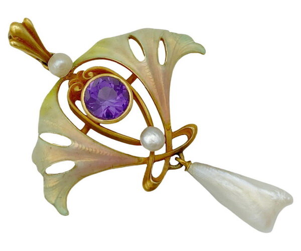 Art Nouveau Ginkgo pendant, gold, amethyst, pearl, Whiteside & Blank, circa 1905.