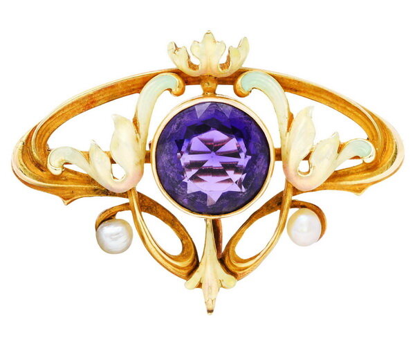 Art Nouveau brooch, gold, amethyst, enamel, Whiteside & Blank, circa 1905.