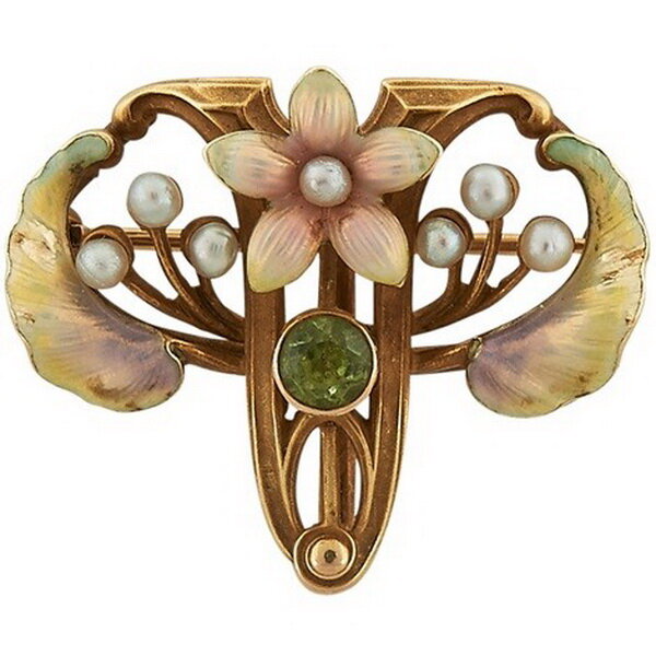 Art Nouveau brooch, gold, peridot, pearl, enamel, Whiteside & Blank, circa 1905.