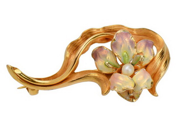 Brooch Iris, gold, pearls, enamel, Whiteside & Blank.