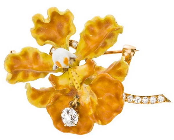 Brooch Orchid Oncidium sphacelatum design by Paulding Farnham height 3.8 cm gold enamel diamonds Tiffany Co 1889 1896.