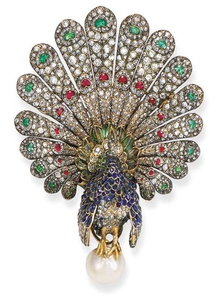 Brooch Peacock, Gustave Baugrand, 1865. Gold, platinum, diamonds, emeralds, sapphires, rubies, pearls.