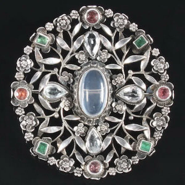 Brooch with moonstone rock crystal pink tourmaline and emerald Arthur and Georgie Gaskin circa 1907.