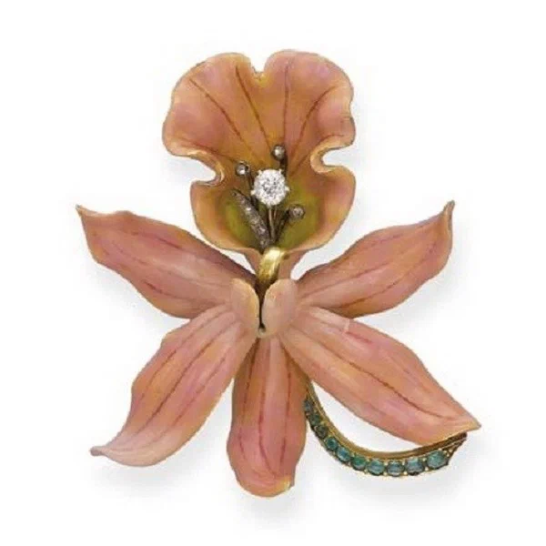 Calante Veitchii Orchid brooch design by Paulding Farnham 5 cm high gold enamel diamonds emeralds Tiffany Co 1890.