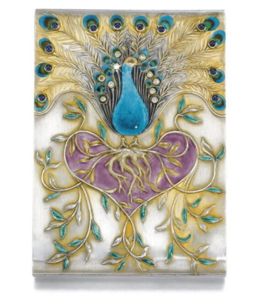 Cigarette case made of silver, decorated with enamel and diamonds, with a sapphire button, Bolin company, Moscow, 1899 1908.