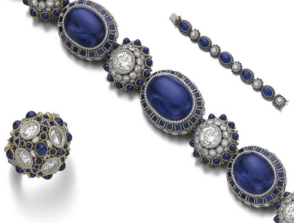 Earrings and bracelet in gold with sapphires, pearls and diamonds, Elmar Seidler, circa 1930 1939.