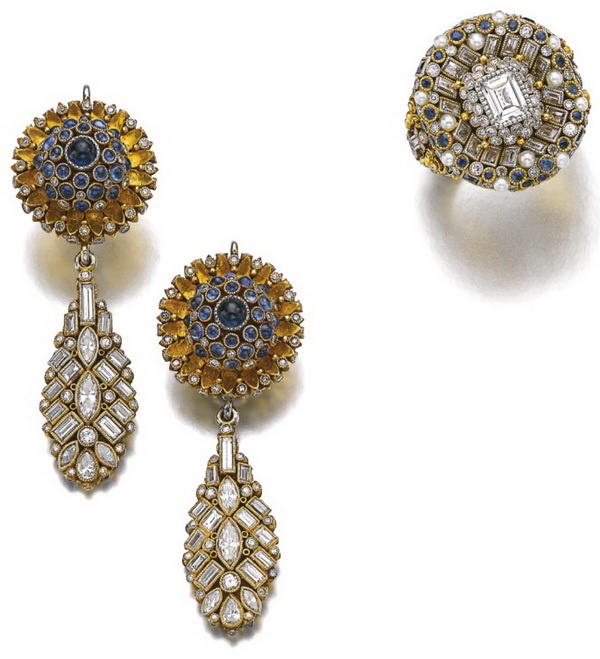 Earrings and ring in gold with sapphires, citrines, pearls and diamonds, Elmar Seidler, circa 1930 1939.