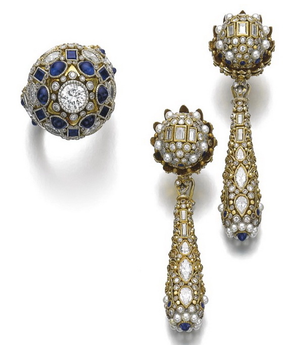 Earrings and ring in gold with sapphires, pearls and diamonds, Elmar Seidler, circa 1930 1939.