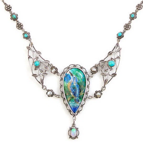 Enamelled kingfisher necklace set with opal and pearls Arthur and Georgie Gaskin circa 1907.