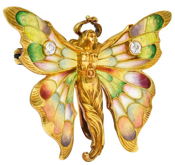 Fairy style pendant in gold, diamonds and stained glass enamel, Whiteside & Blank.