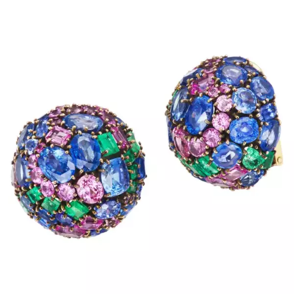 Fred Leighton Multi Color Bombé Sapphire and Emerald Earclips.