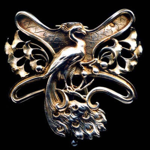 Gilt silver peacock brooch, Janvier Quercia, France, circa 1900.