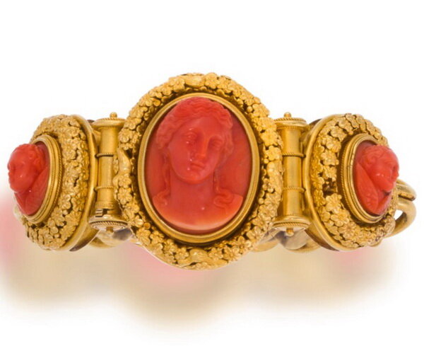 Gold bracelet decorated with coral cameos, Ernesto Pierre, circa 1870.