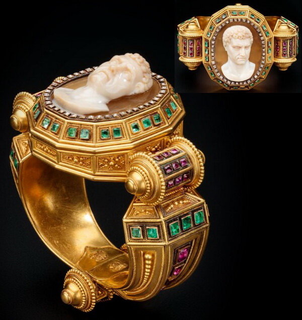 Gold bracelet in archaeological style with a cameo of agate, rubies, emeralds and diamonds, the cameo can be removed from the bracelet and worn as a brooch, Ernesto Pierre, circa 1865.