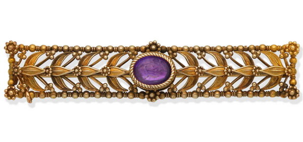 Gold bracelet set with an amethyst intaglio depicting Cupid with a lyre, Ernesto Pierre, circa 1865.