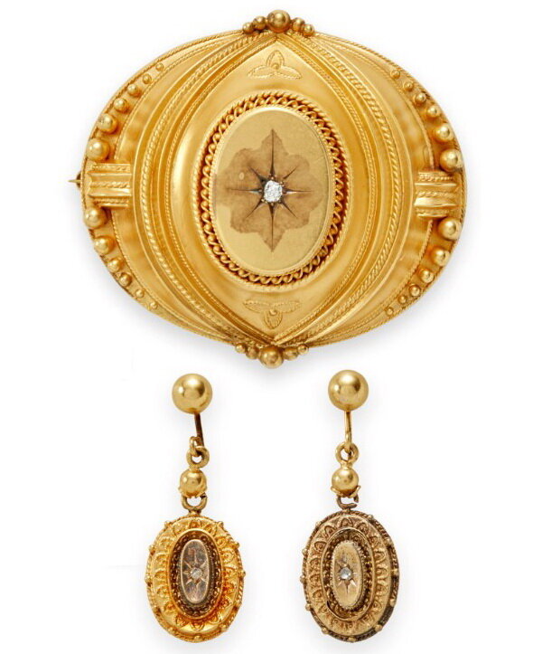Gold brooch and diamond earrings, Whiteside & Blank.
