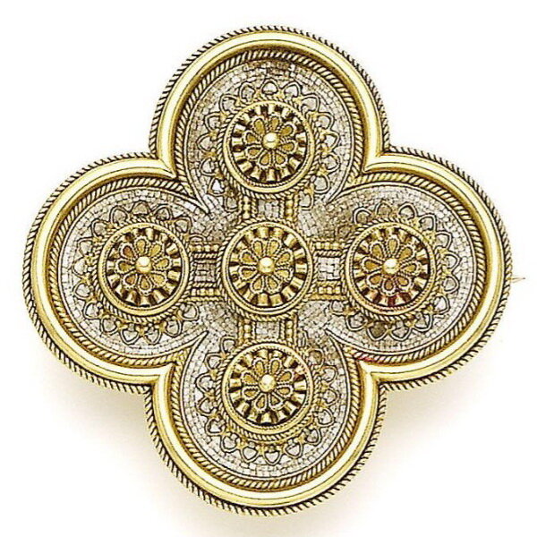 Gold brooch in the form of a Pommée cross (a type of heraldic cross), decorated with micromosaic, Ernesto Pierre, circa 1860.