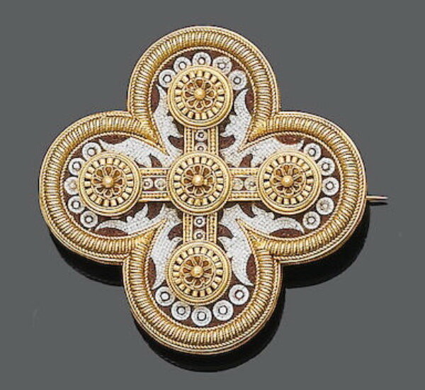 Gold brooch in the form of a Pommée cross, decorated with micromosaic, Ernesto Pierre, circa 1860.