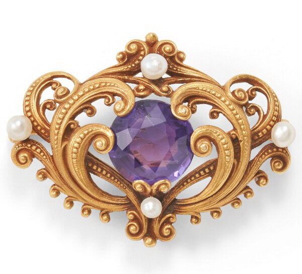 Gold brooch with amethyst and pearls, Whiteside & Blank.