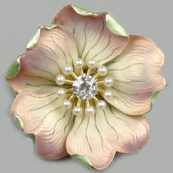 Gold brooch with diamond, pearl and enamel, Whiteside & Blank.