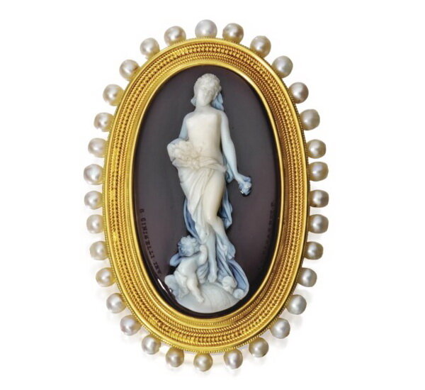 Gold brooch with pearls and agate cameo by Giorgio Antonio Girardet and G. Ciniselli, Ernesto Pierre, circa 1880.
