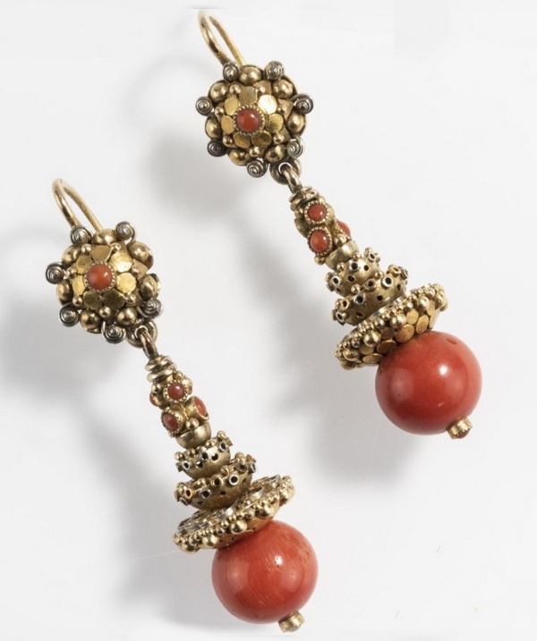 Gold earrings with coral, Elmar Seidler, circa 1950