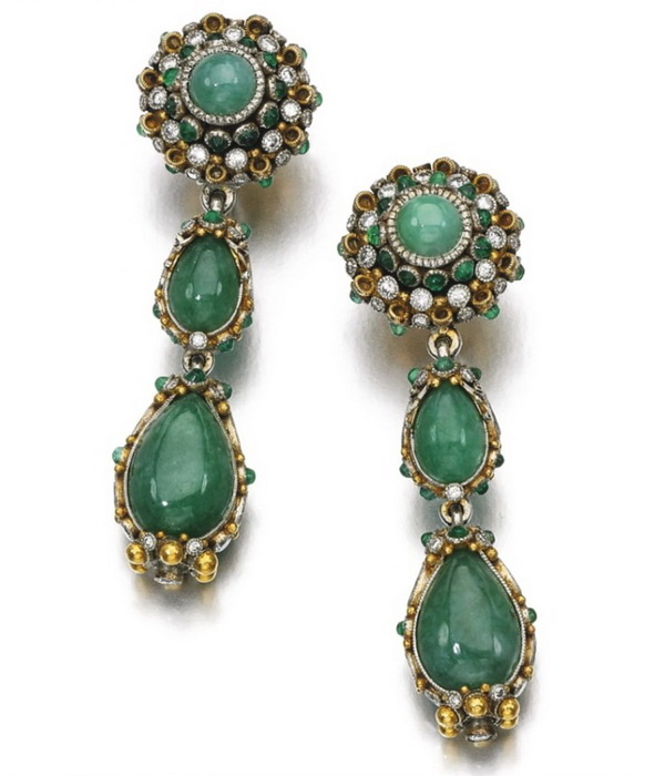 Gold earrings with jade, emeralds and diamonds, Elmar Seidler, circa 1930 1939.