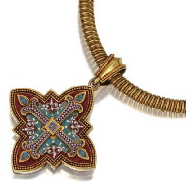 Gold medallion in the form of a Greek cross, decorated with micromosaic, Ernesto Pierre, circa 1870.