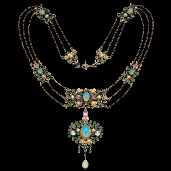 Gold necklace with diamonds opal pink tourmaline enamel and pearls Arthur and Georgie Gaskin circa 1913.