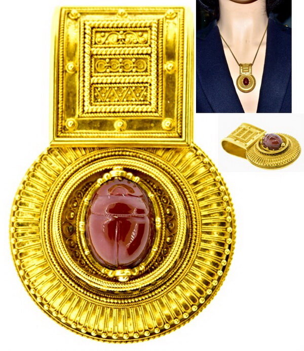 Gold pendant in Etruscan style with a carnelian scarab, Ernesto Pierre, circa 1860.