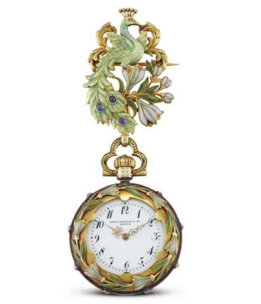 Gold pendant watch set with enamel, sapphires and diamonds, Patek Philippe, 1898.