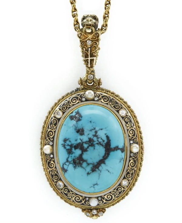 Gold pendant with turquoise, pearls, diamonds and enamel, Elmar Seidler, mid twentieth century.