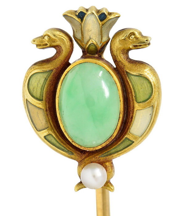 Gold pin with jade, pearl and enamel, Whiteside & Blank, circa 1905.
