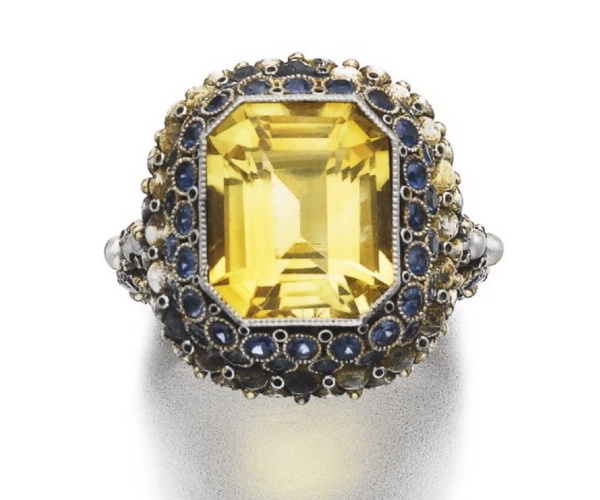 Gold ring with citrine, sapphire and pearl, Elmar Seidler.