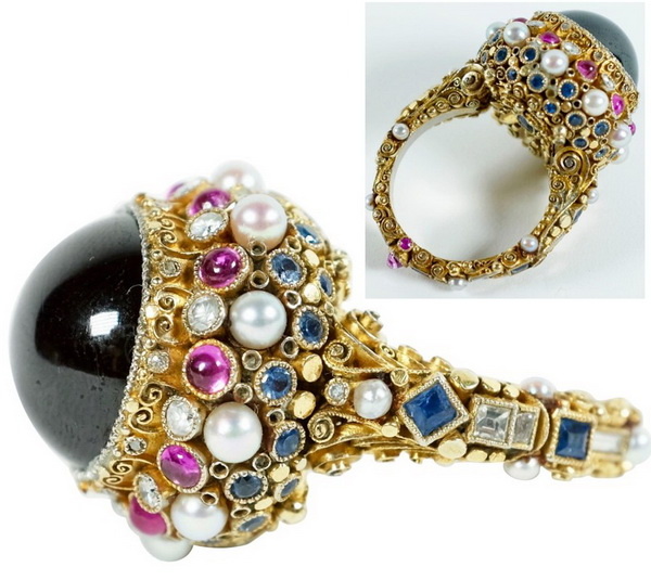 Gold ring with dark purple garnet, pearls, sapphires, rubies and diamonds, Elmar Seidler, circa 1950.