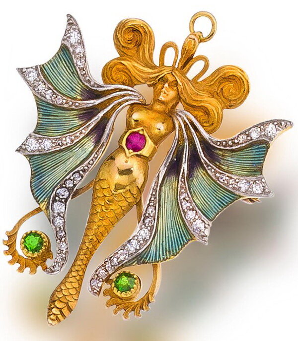 Gold water fairy pendant brooch with diamonds, ruby, demantoid garnets and enamel, Whiteside & Blank, circa 1905.