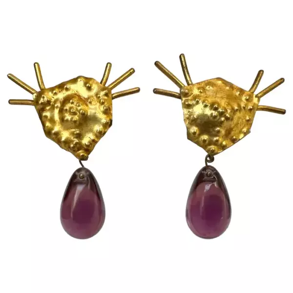 Herve Van Der Straeten Vintage Hammered Gilt Purple Glass Earrings.