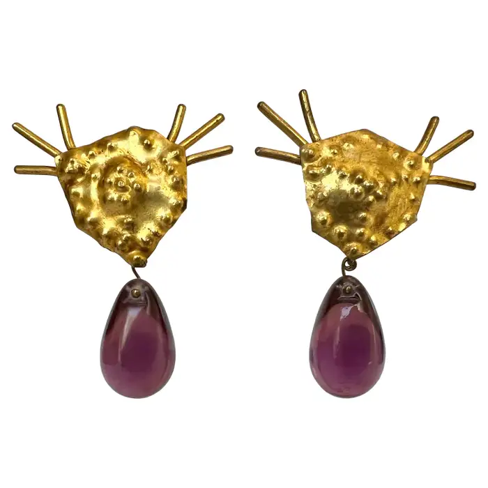 Herve Van Der Straeten Vintage Hammered Gilt Purple Glass Earrings.