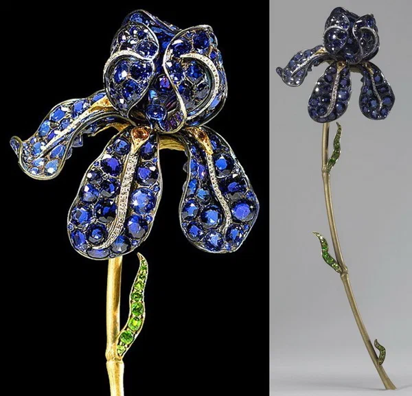 Iris brooch design by Paulding Farnham height 24 cm gold platinum enamel 120 sapphires diamonds topazes demantoid garnets Tiffany Co circa 1900 from the collection of the Walters Art Museum.