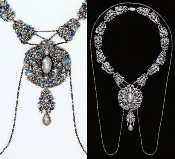 Love in the Mist necklace silver enamel pearls Arthur and Georgie Gaskin circa 1910 from the collection of the Victoria and Albert Museum London.