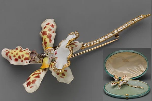 Oncidium jonesianum orchid brooch design by Paulding Farnham height 10.8 cm gold enamel diamonds Tiffany Co circa 1889 1896 from the collection of the Metropolitan Museum of Art New York.