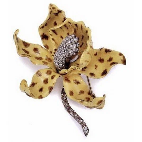 Orchid brooch Paulding Farnham design gold enamel diamonds Tiffany Co.