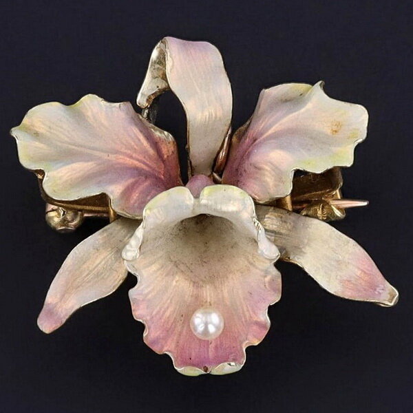 Orchid brooch, gold, pearls, enamel, Whiteside & Blank.