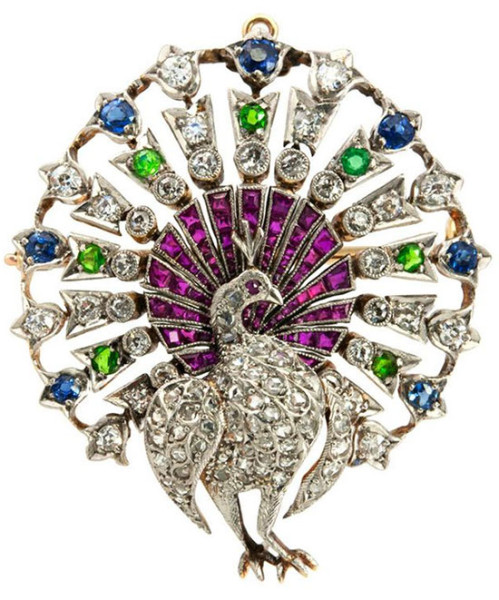 Peacock brooch, 1900. Diamonds, rubies, sapphires.