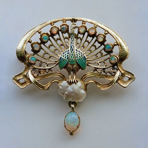 Peacock brooch in gilt silver with enamel, opals and pearls, Karl Rothmuller, Germany, circa 1902.