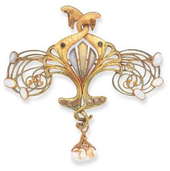 Peacock brooch in gold with enamel, opal and demantoid garnets and pearls, Georges Fouquet, circa 1900.