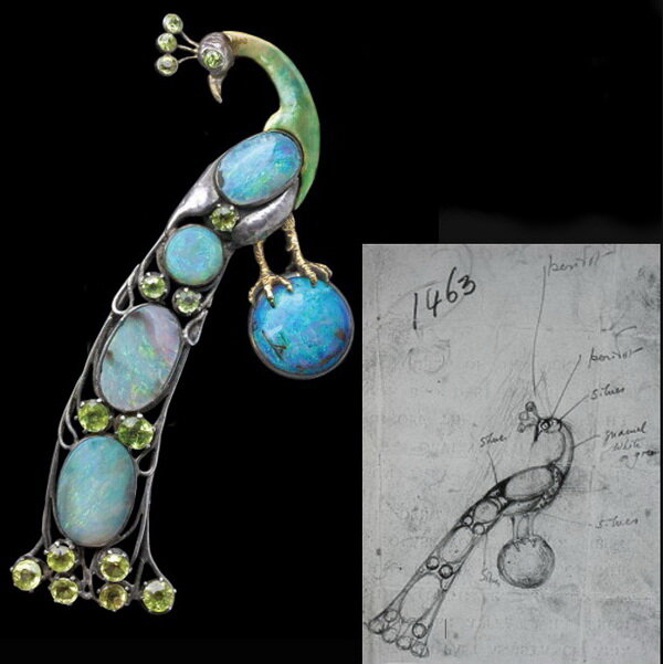 Peacock brooch in silver and gold with opals and peridots, Charles Robert Ashby, England, circa 1900.